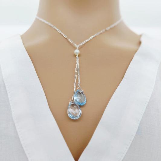 Dainty Blue Topaz Drop Sterling Silver Necklace