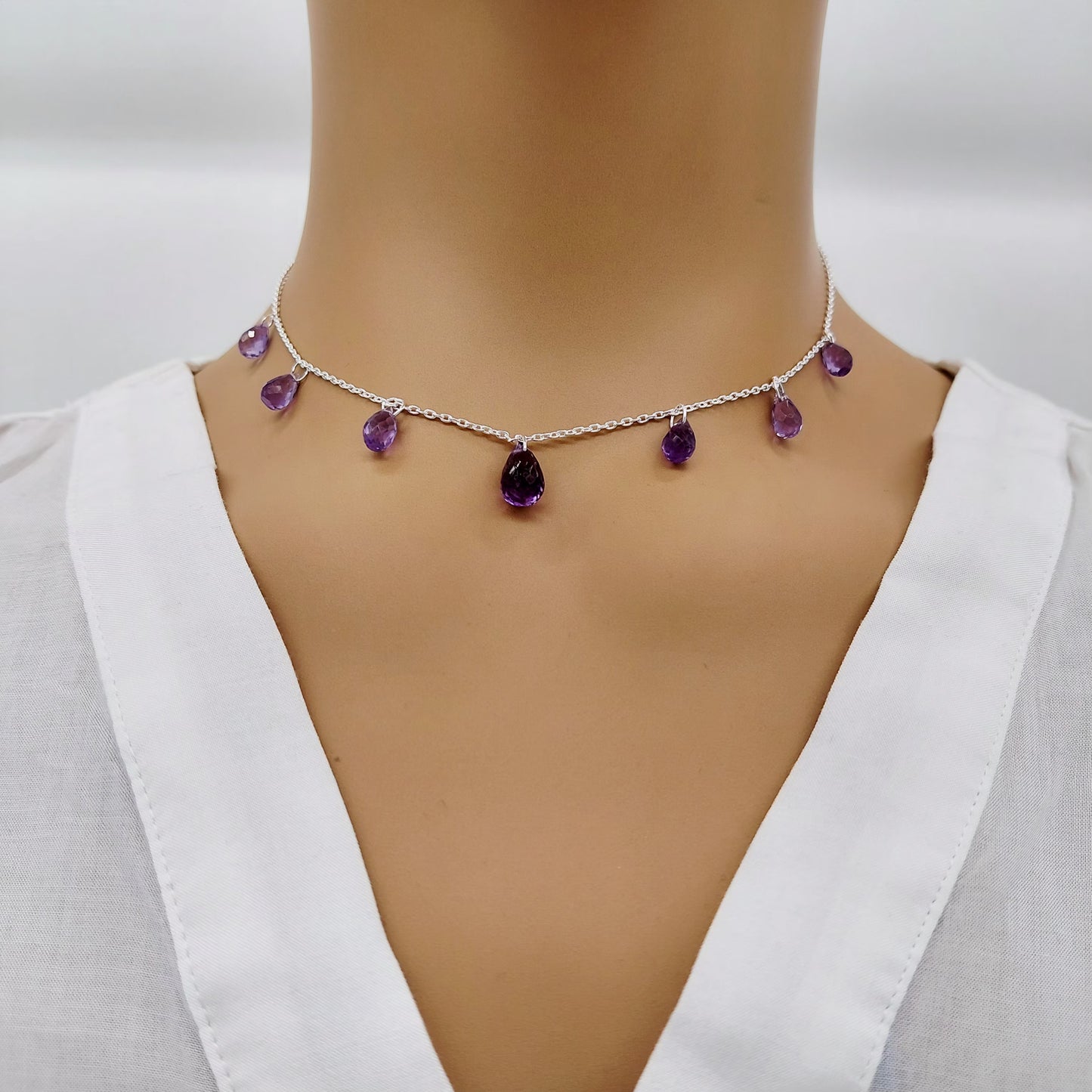 Majestic Amethyst Drop Sterling Silver Necklace 