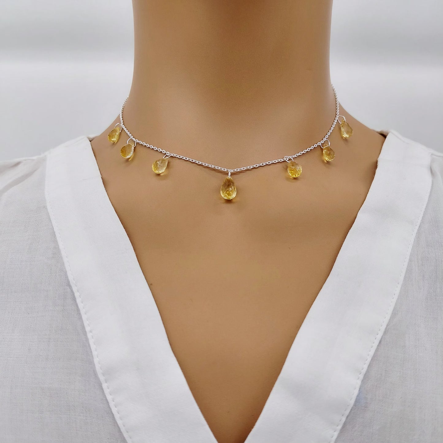 Multi Drop Citrine Sterling Silver Necklace 