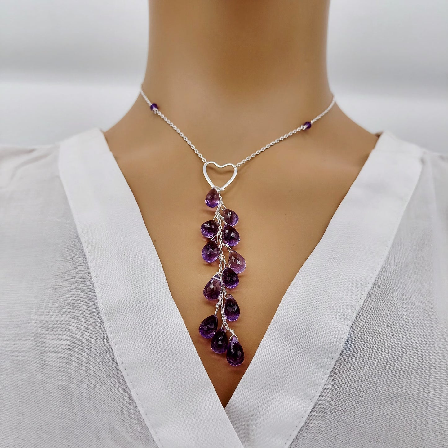 Heart Shaped Multi Drop Sterling Silver Necklace 