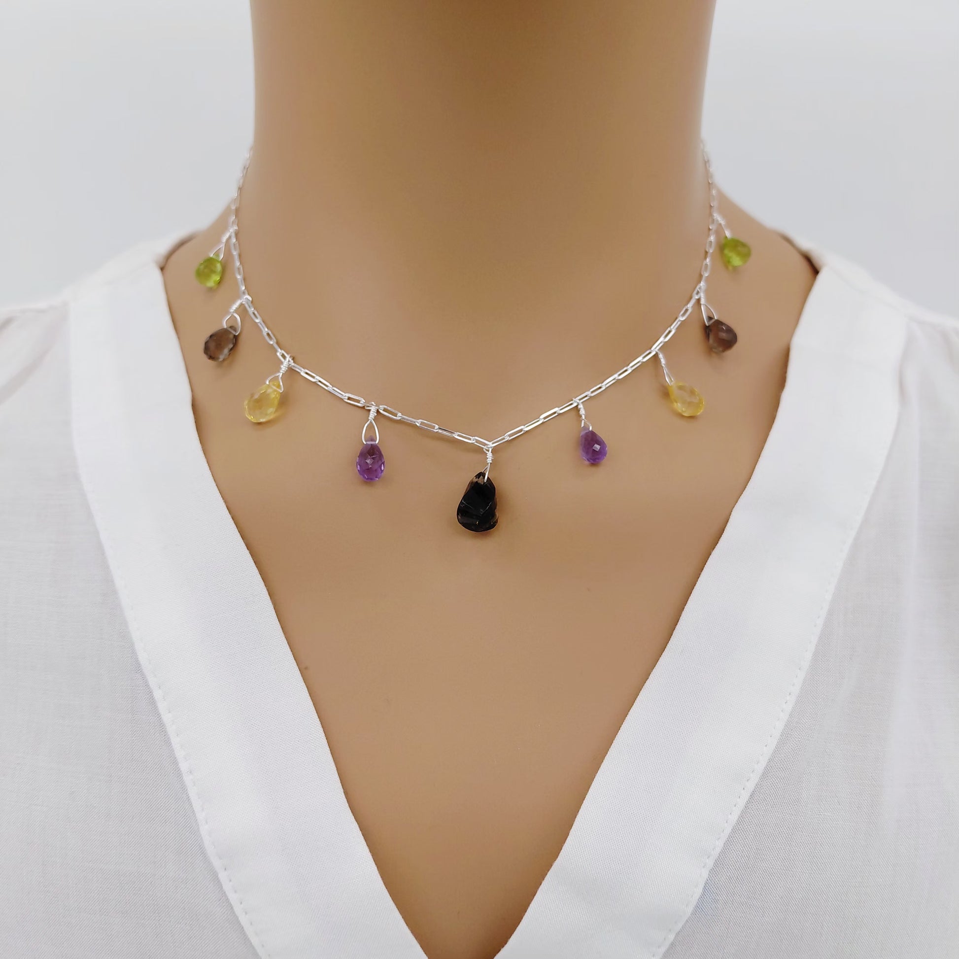 Multi Colored Natural Stone Sterling Silver Necklace 