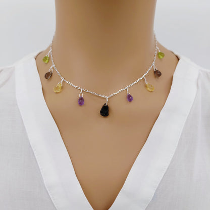 Multi Colored Natural Stone Sterling Silver Necklace 