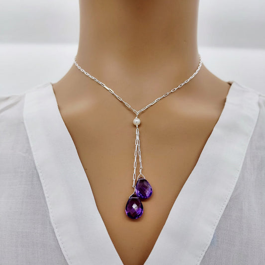 Bright Amethyst Drop Sterling Silver Necklace 