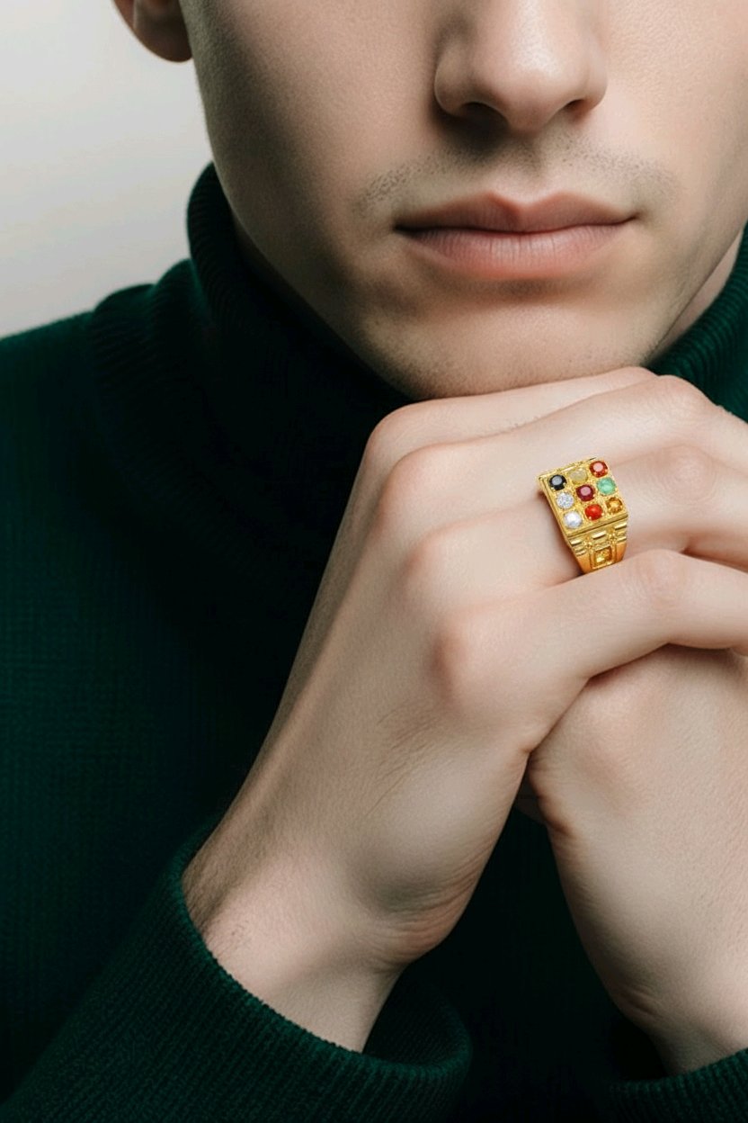 Astrological Navratna Gold Plated Silver Ring