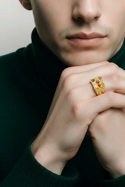 Astrological Navratna Gold Plated Silver Ring
